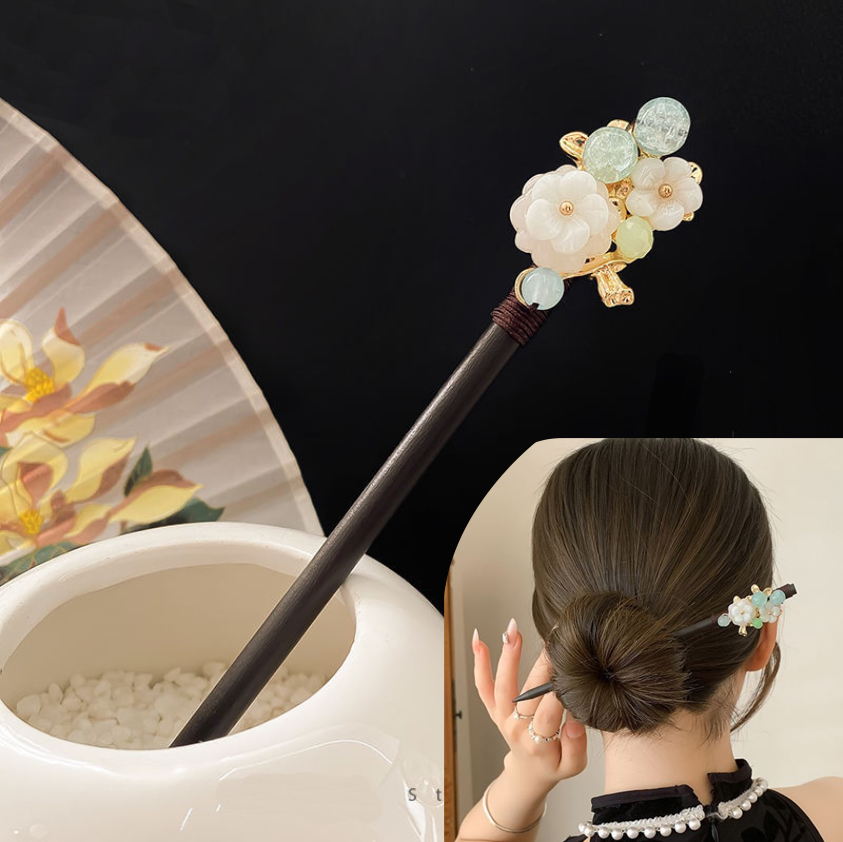Vintage Item - 中国のヘアスティック、ステップシェイク木製ヘアピン、女の子用アンティーク漢服ヘアピン、パールフローラルタッセルヘッドドレス、ヴィンテージヘアバン、アップスタイル用ヘアピン