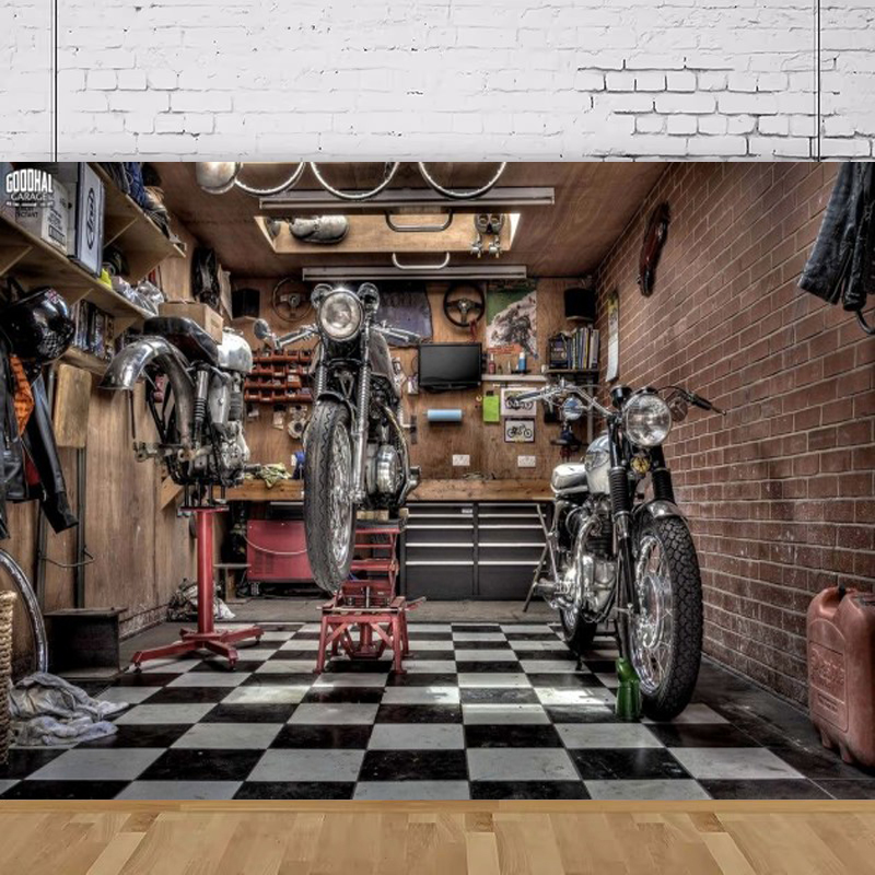 Collectible Vintage Photos - オートバイ写真撮影用背景幕 ヴィンテージダートバイクレースチャンピオンのトロフィーコレクションルーム写真背景 ポートレート撮影用