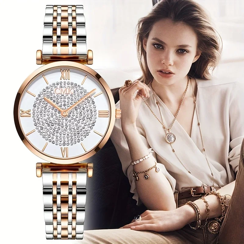 Vintage Watch Crystal - ローマ数字のクォーツ時計,ラインストーンの装飾が施されたラウンドポインター,ステンレススチールバンド,豪華なヴィンテージ