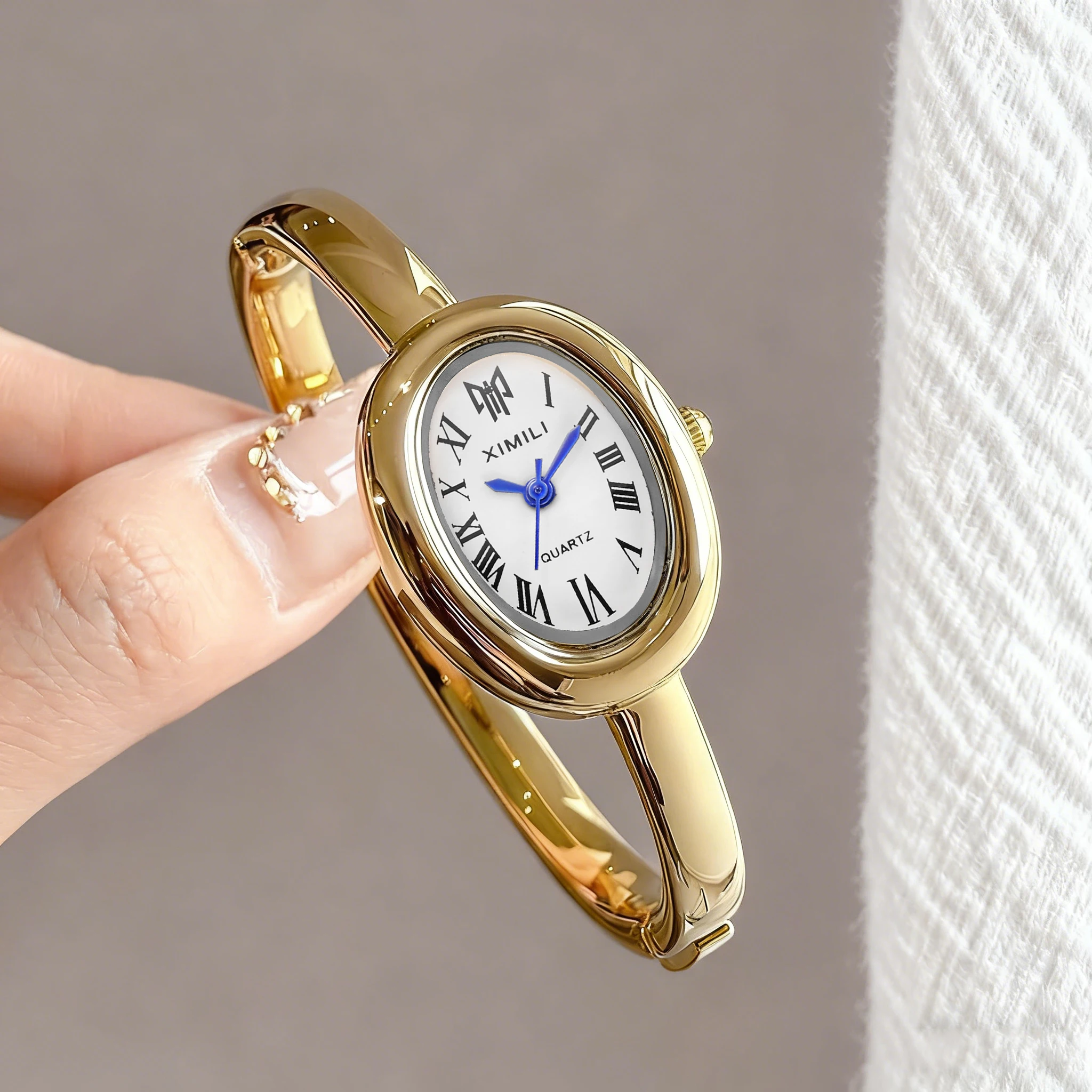 Vintage Watch Crystal - 2026XIMILI ヴィンテージオーバルバングルウォッチ、女性用、ローマ数字ホワイトダイヤルゴールドオープンカフブレスレットクォーツ腕時計