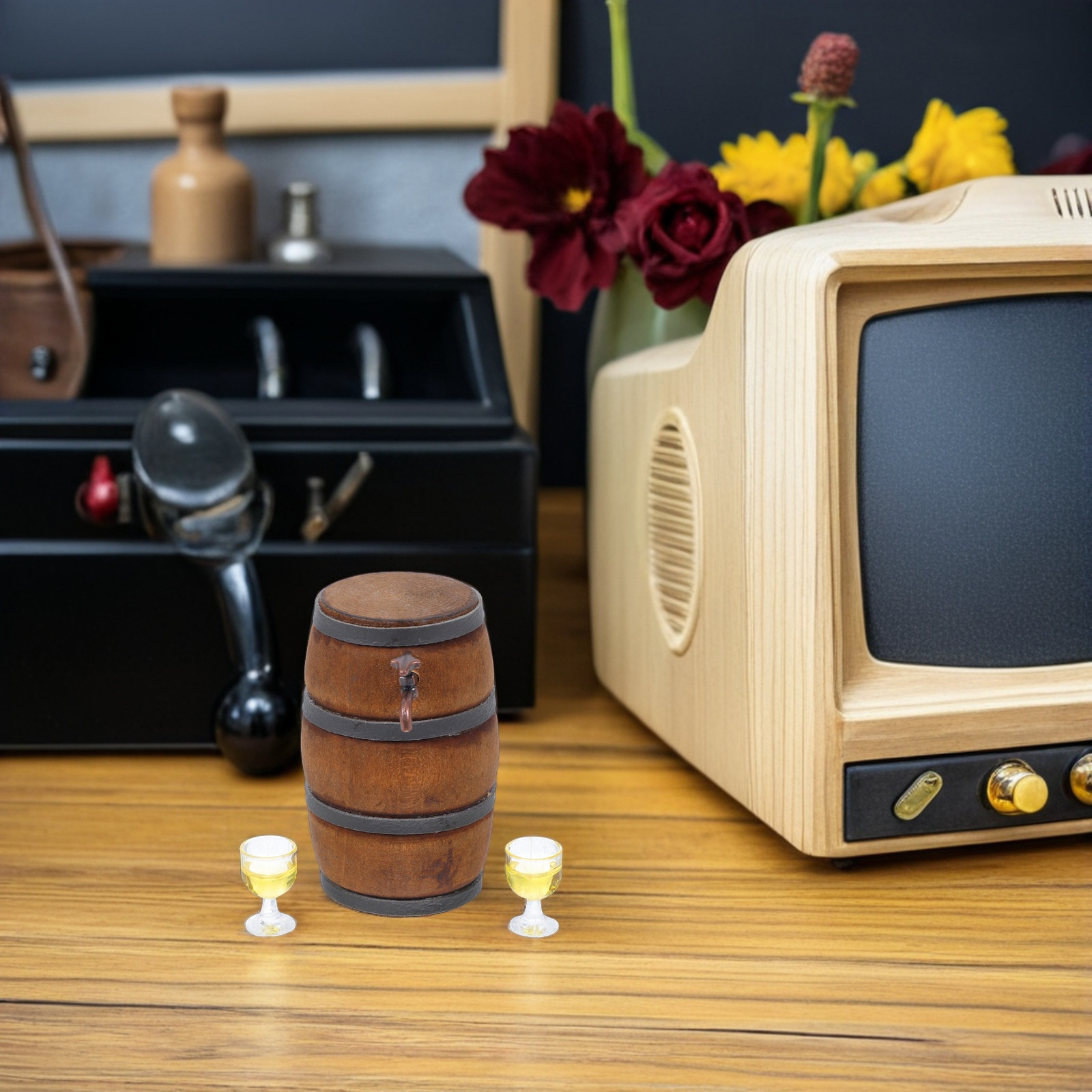 ミニワイン樽とグラスのセット、精巧な職人技によるドールハウス - Vintage Collectible Glass のレビューと価格
